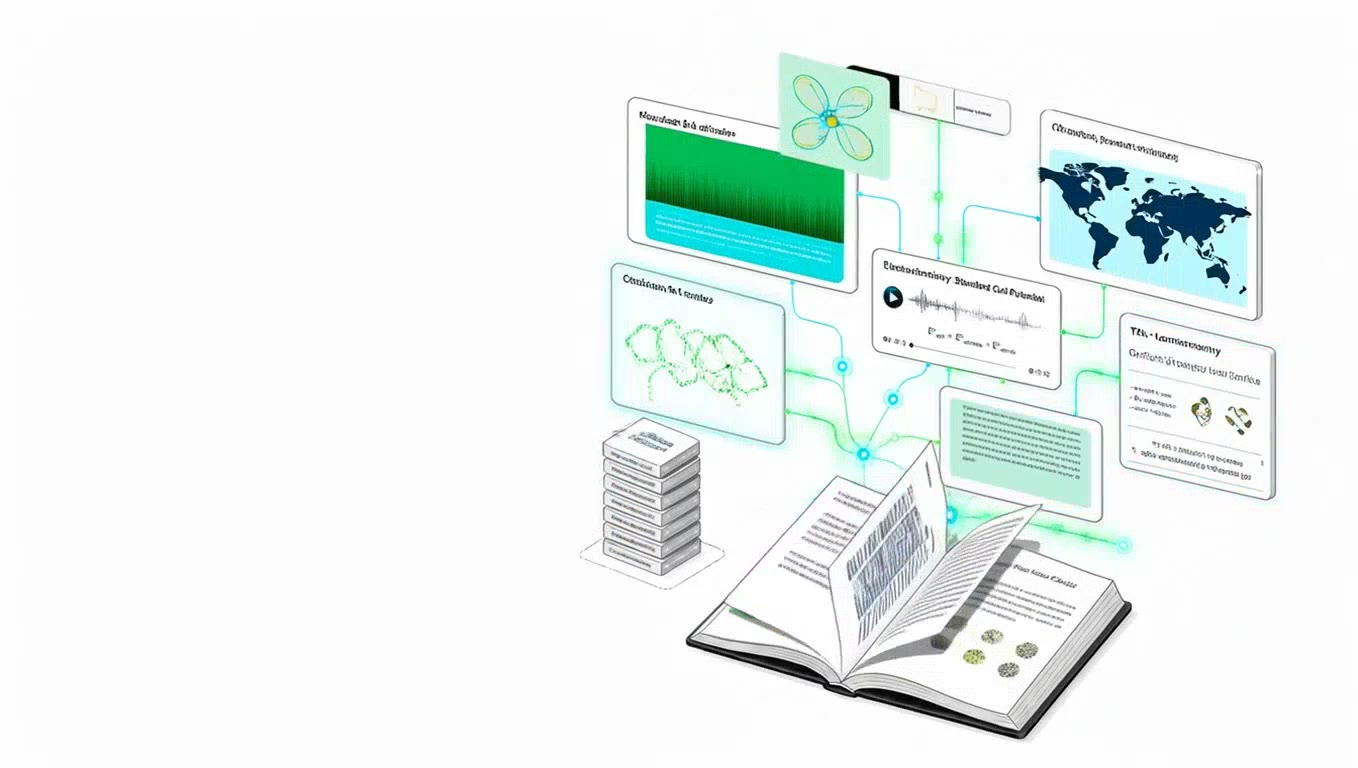 AI textbook interface with connected study cards above an open book